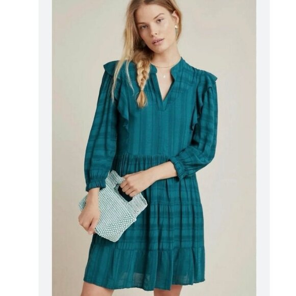 Anthropologie Amadi Rossi Teal Blue Ruffle Mini Long Sleeve Dress Size XS - Picture 1 of 8